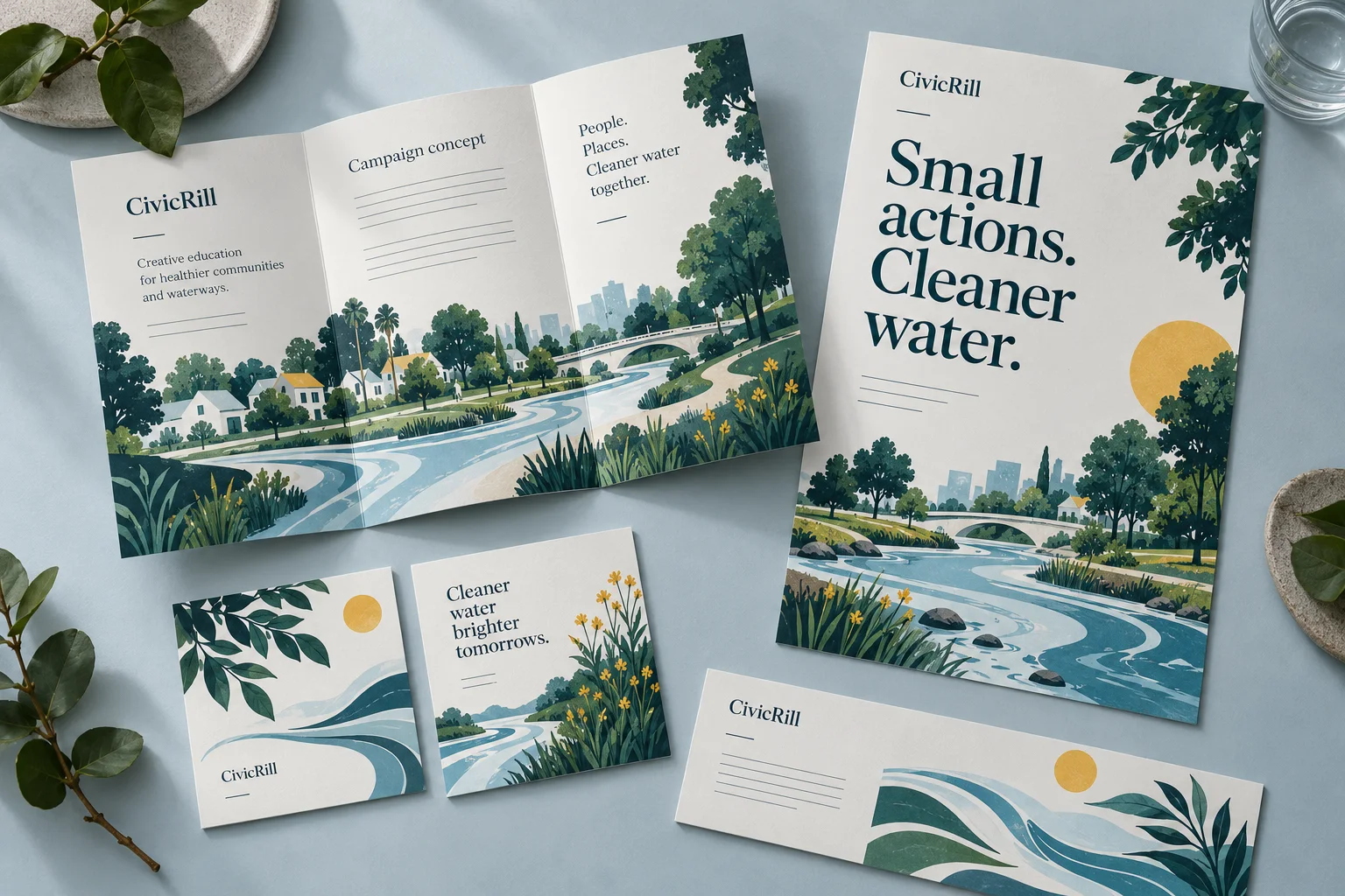Original CivicRill concept: coordinated brochure, flyer, social graphics and utility insert with river illustrations