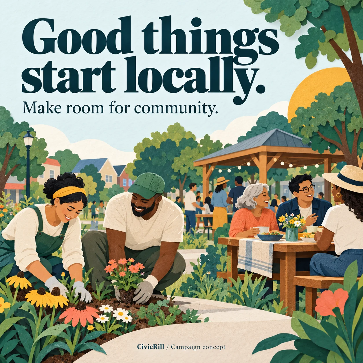 CivicRill campaign concept with the headline Good things start locally and an original illustration of neighbors planting and gathering