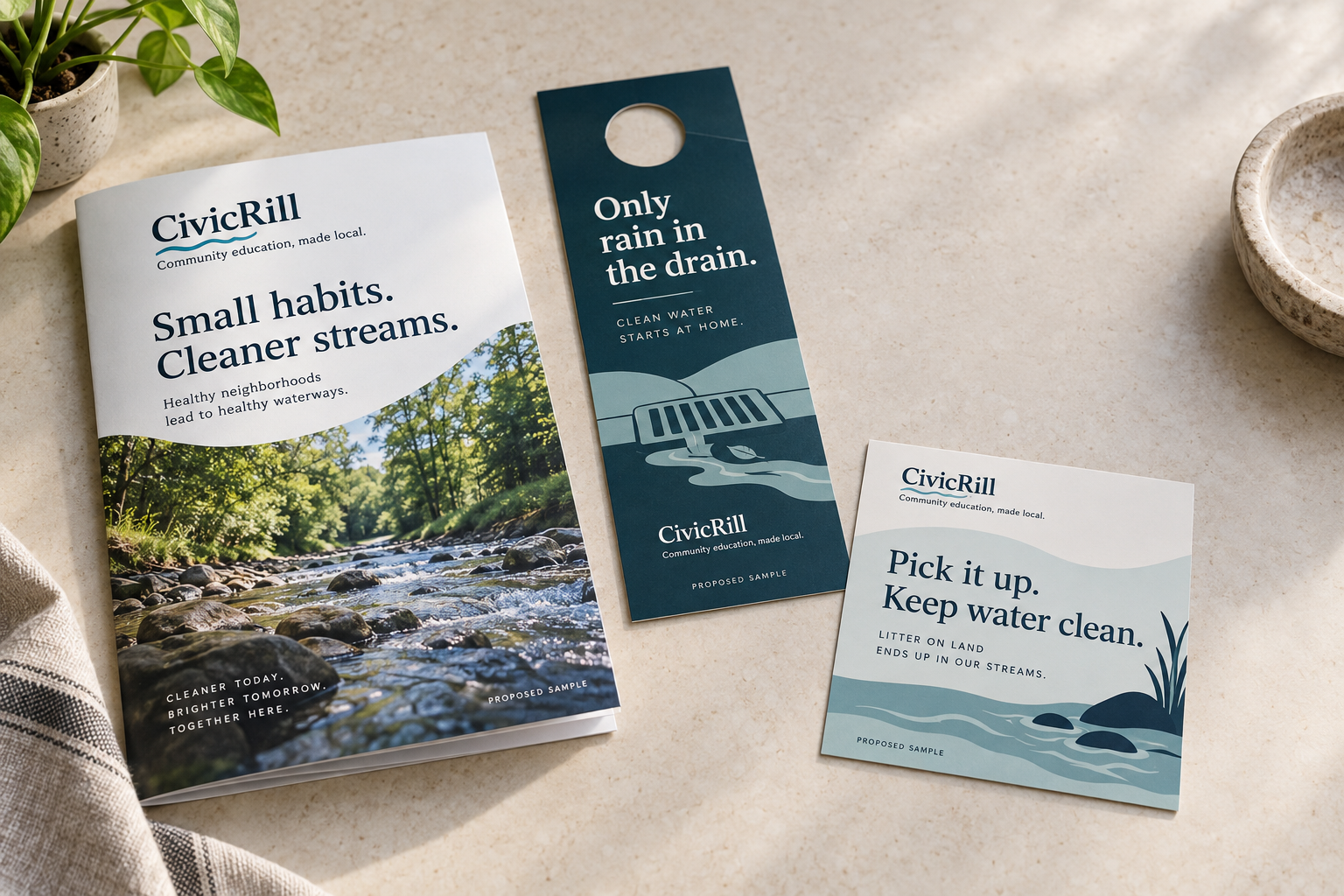 Illustrative CivicRill print and digital campaign materials arranged on a desk